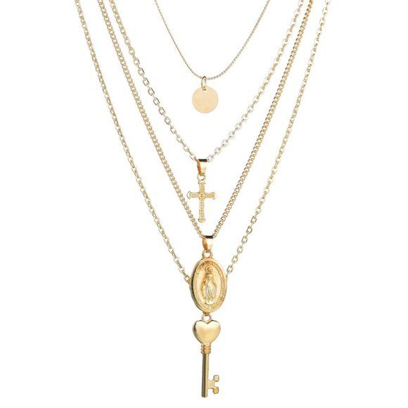 Heart Keys Saint Mary Cross Layered Necklace - Picture 5 of 8